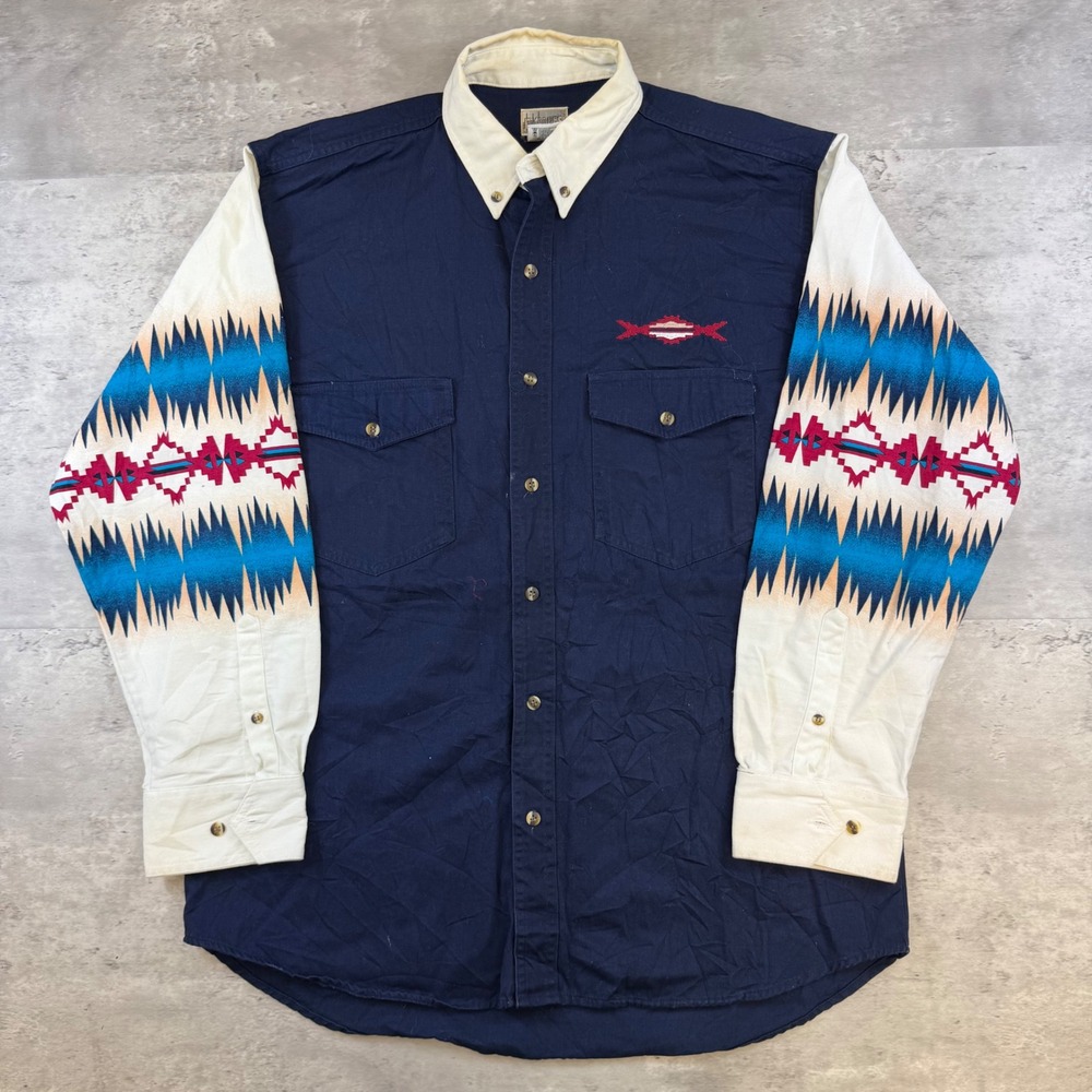 Vintage Express Rider Western Shirt Mens Medium Navy Southwestern Aztec Print